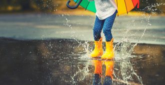 child splashing in rain puddle