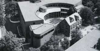 Aerial view of Old Mechanical Hall. Black and white image.