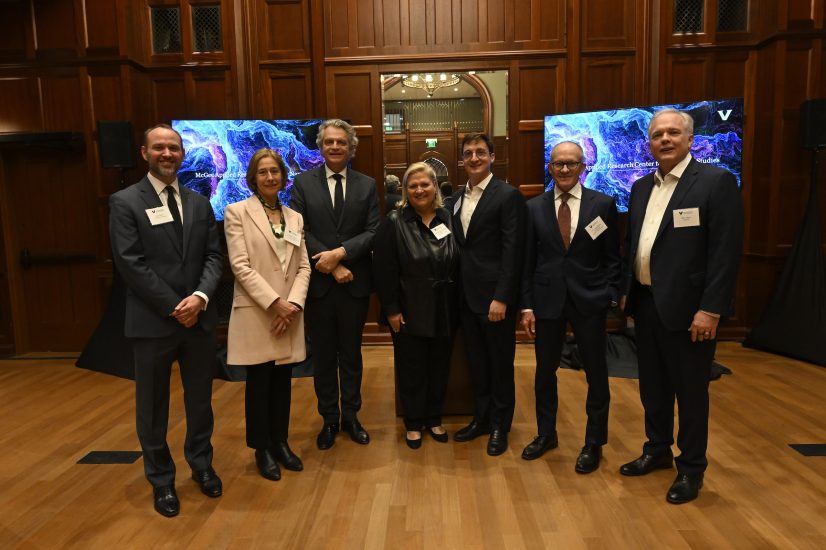 Pictured, left to right: University Librarian Jon Shaw, Provost and Vice Chancellor for Academic Affairs C. Cybele Raver, Chancellor Daniel Diermeier, Suzanne Perot McGee, Patrick P. McGee, Interim Dean of the College of Arts and Science Tim McNamara and Ben Hunt. 