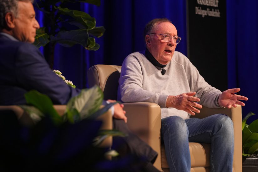 Bestselling author and Vanderbilt alumnus James Patterson (right) discussed his writing process and prolific career during a conversation moderated by John M. Seigenthaler in Langford Auditorium on April 11. (Harrison McClary/Vanderbilt)