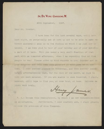 An 1897 typewritten letter from author Henry James to writer and editor Horace Scudder inviting the latter to tea. (Vanderbilt University)