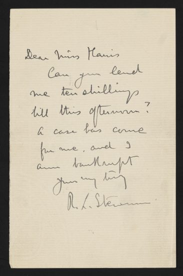 A circa 1880s handwritten note from author Robert Louis Stevenson to an acquaintance requesting a small loan. (Vanderbilt University)