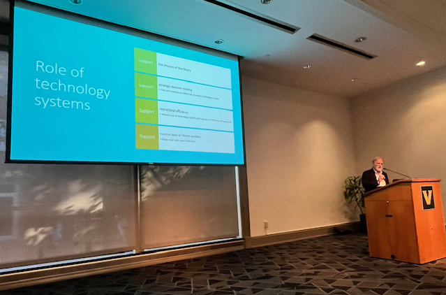 Marshall Breeding delivers the 2024 Southeastern Resource Sharing Conference's keynote address. (Vanderbilt University)