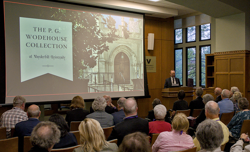 University Librarian Jon Shaw addresses members of The Wodehouse Society Sept. 27 in Vanderbilt's Central Library. (Tim Gollins/Vanderbilt)