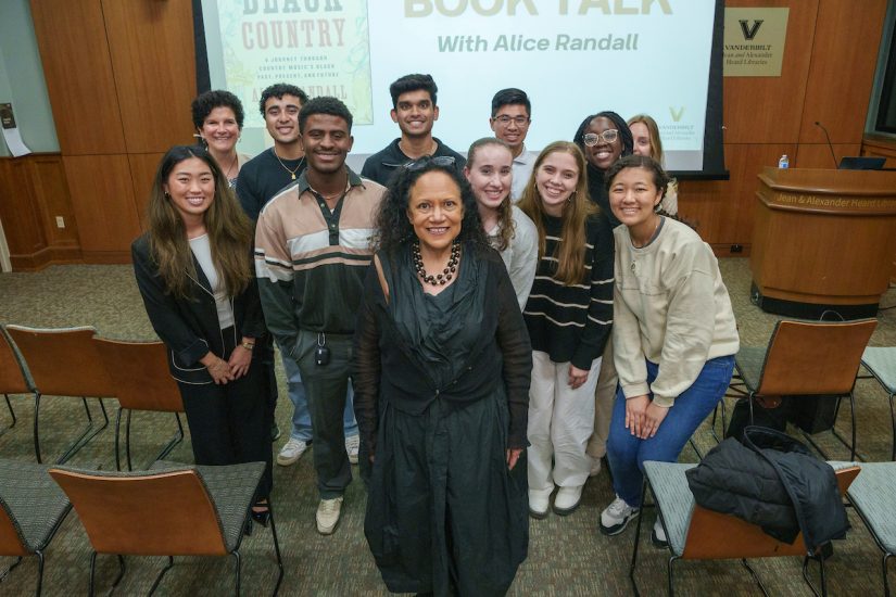 Vanderbilt professor and bestselling author Alice Randall (pictured front, center) discussed her book <i>My Black Country</i> at Central Library Nov. 20. She was joined by students and staff from Vanderbilt's Live. Learn. Lead. Academy (also pictured here). (Harrison McClary/Vanderbilt)