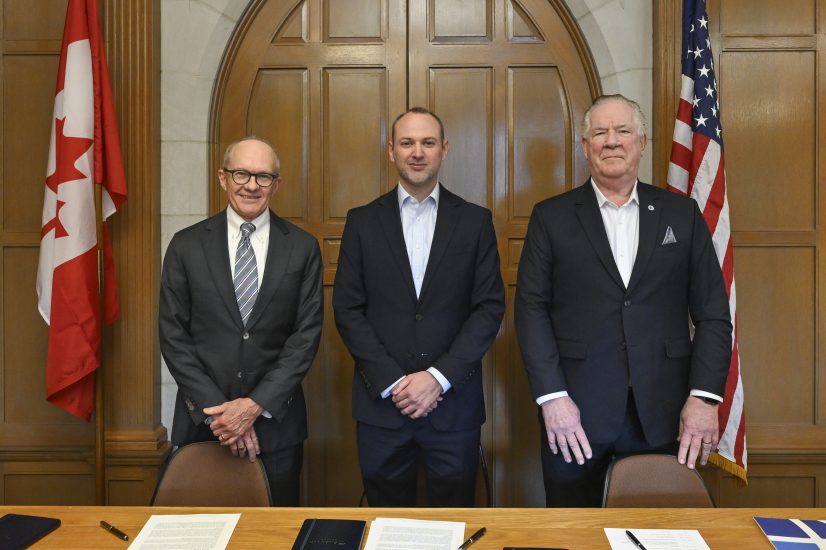 Pictured, left to right: College of Arts and Science Dean Tim McNamara, University Librarian Jon Shaw and Fulbright Canada Executive Director Michael Hawes signed a memorandum of understanding Dec. 3 establishing a new Fulbright Canada Distinguished Chair at Vanderbilt. The ceremony took place at Special Collections and University Archives. (John Amis/Vanderbilt)