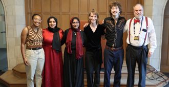 Curator of Manuscripts Mary McSparran (fourth from left) is pictured with students from the “Special Collections Laboratory: Turning Primary Sources into Poetry” Buchanan Library Fellowship in April 2024. They are (left to right) Charity Davis, Ommay Farah, Ommay Khyr and Evan Kerr. Tim Gollins, director of Special Collections and University Archives, is pictured far right. (Vanderbilt University)