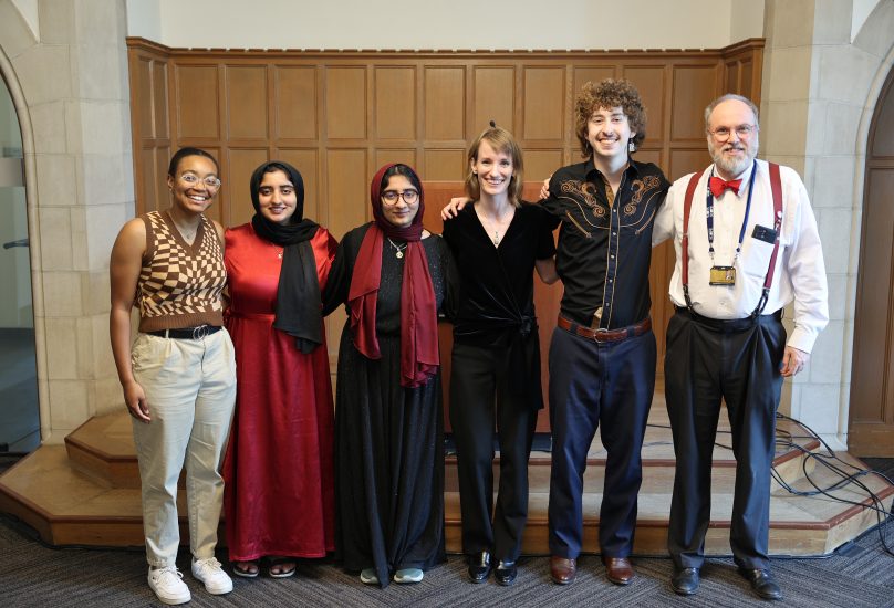 Curator of Manuscripts Mary McSparran (fourth from left) is pictured with students from the “Special Collections Laboratory: Turning Primary Sources into Poetry” Buchanan Library Fellowship in April 2024. They are (left to right) Charity Davis, Ommay Farah, Ommay Khyr and Evan Kerr. Tim Gollins, director of Special Collections and University Archives, is pictured far right. (Vanderbilt University)